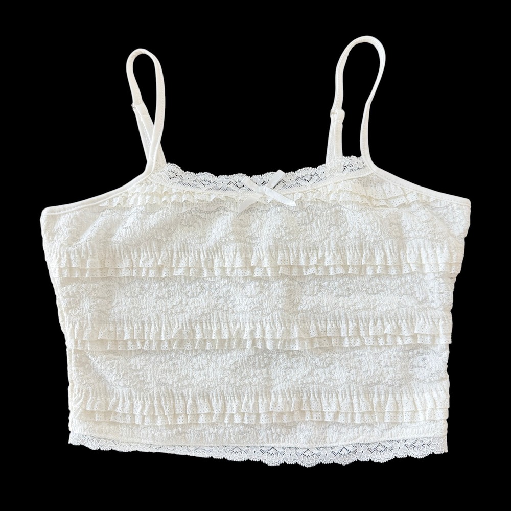 White Lace Tiered Ruffle Cami Top Size M Bow Coquette Cottagecore Clean Girl